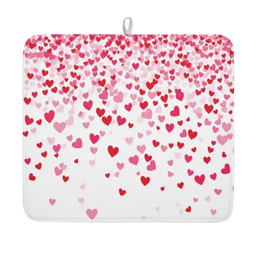 High-Grade Valentine's Day Dish Drying Mat for Kitchen Counter Love Heart Kitchen Dish Drying Pad 16 x18 Absorbent Reversible Happy Valentine Dishes Drainer Pad Dish Drying Rack Mat for Countertop Dependable