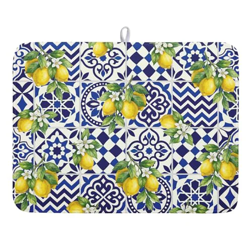 Relaxed Lemon and Blue Tile Dish Drying Mat 18x24 Inch Absorbent Reversible Mexican Tilt Drying Mat Blue White Italy Lemons Dish Drying Rack Mat Summer Themed Dish Drainer Mat for Kitchen Counter Coffee Bar Natural
