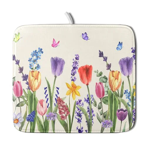 Smart Spring Summer Colorful Flower Dish Drying Mat 16x18 Inch Spring Wildflowers Kitchen Pad Botanical Floral Drainer Rack Mats Absorbent Fast Dry Microfiber Dish Drying Pad for Countertop Table Decoration Proven