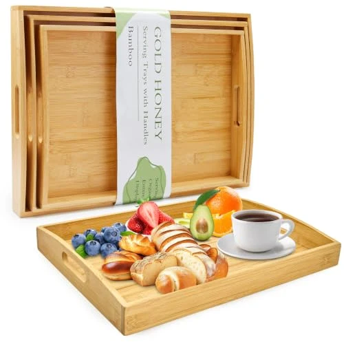 High-End Bamboo Serving Tray with Handles 3 Count Prestigious