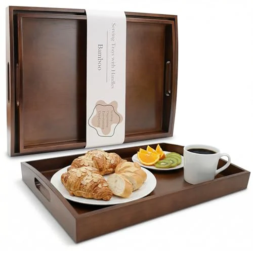 Fashionable Bamboo Serving Tray with Handles 2 Count Modern