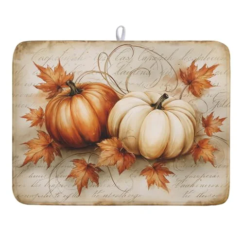 Effective Fall Pumpkin Dish Drying Mat 18 x24 Vintage Autumn Drying Mat for Kitchen Counter Absorbent Maple Leaf Fall Thanksgiving Farmhouse Dishes Pad Drainer Mat Countertop Protector for Kitchen Fast Dry Verified