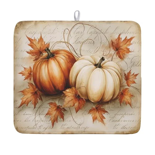 Safe Fall Pumpkin Dish Drying Mat 16X18 Inch Vintage Autumn Drying Mat for Kitchen Counter Absorbent Maple Leaf Fall Thanksgiving Farmhouse Dishes Pad Drainer Mat Countertop Protector for Kitchen Fast Dry Unique