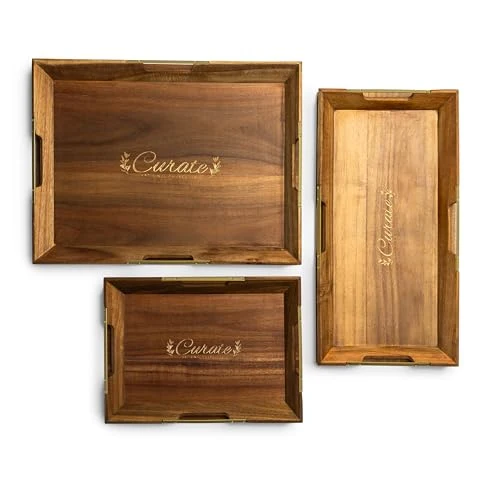 World-Class Curate Acacia Wood Serving Tray with Handles for Coffee Table Convenient