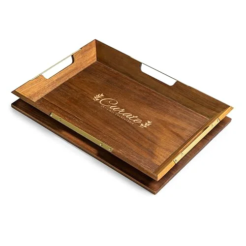 Superior Curate Small Acacia Wood Serving Tray with Handles for Coffee Table Lightweight