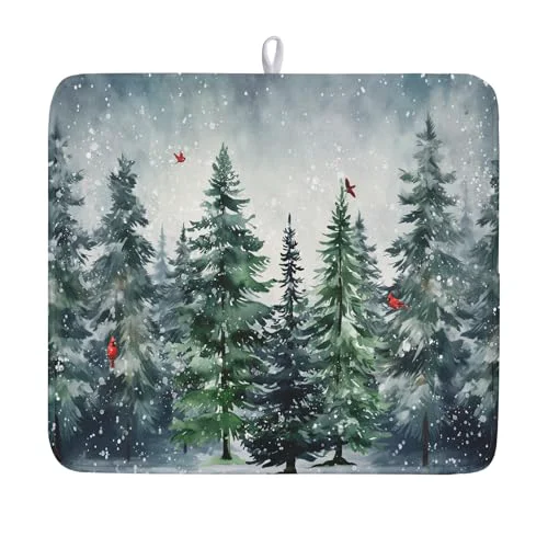 Secure Winter Pine Tree Dish Drying Mat for Kitchen Counter 16x18 Inch Winter Snowflake Xmas Forest Dish Draining Mat Christmas Decorations Fast Absorbent Tableware Dishes Pad for Coffee Bar Countertop Advanced