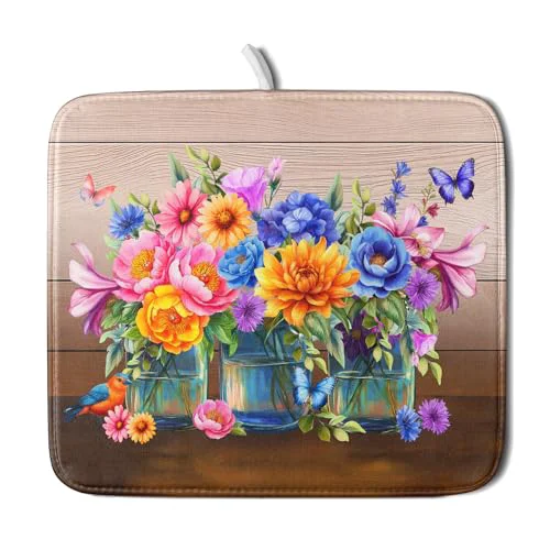 Enhanced Colorful Flowers Dish Drying Mat for Kitchen Counter 16x18in Spring Summer Flower Vases Dish Mat Drying Absorbent Microfiber Dish Drainer Rack Mats Botanical Floral Dishes Pad for Countertops Professional
