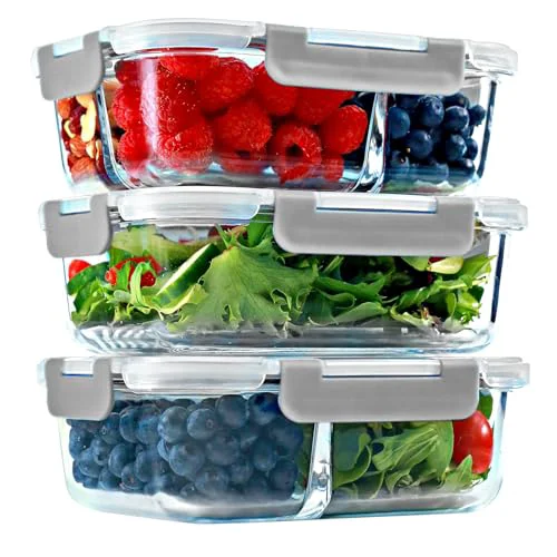 Top-Quality Glass Meal Prep Containers 1 2 3 Compartments 3 Count Authentic