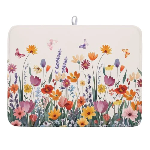 Specialty Spring Summer Flowers Dish Drying Mat for Kitchen Counter 18 x24 Colorful Floral Drying Mat Soft Absorbent Microfiber Farmhouse Fluttering Butterfly Dish Drainer Rack Mats for Counter tops Advanced
