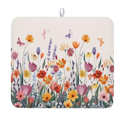 Environmentally Friendly Spring Summer Flowers Dish Drying Mat for Kitchen Counter 16 x18 Colorful Floral Drying Mat Soft Absorbent Microfiber Farmhouse Fluttering Butterfly Dish Drainer Rack Mats for Counter tops Expertly Made