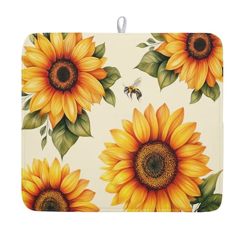 Smart Sunflower Dish Drying Mat 16x18 Inch Absorbent Reversible Summer Drying Mat Sunflower Bee Dish Drying Rack Mat Yellow Summer Themed Dish Drainer Mat for Kitchen Counter Coffee Bar Artisan