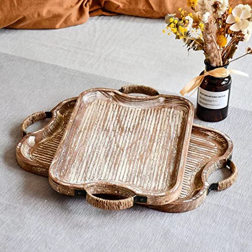 Organic Rustic Wood Serving Tray with Metal Twine Handles Set of 2 Rectangular Decorative Trays Farmhouse Platter for Food 2 Count Eco-Friendly