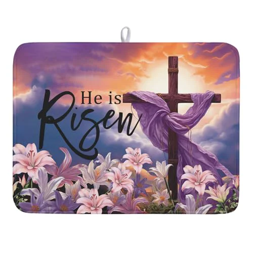 Solid Easter Cross He is Risen Dish Drying Mats 18x24 Inch Spring Drying Mat Absorbent Microfiber Dishes Pad Easter Lily Flowers Dish Drainer Mat Protector for Kitchen Countertops Fast Dry Tableware Original