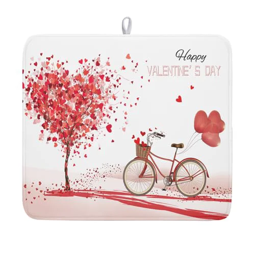 Natural Romantic Valentine's Day Dish Drying Mat for Kitchen Valentines Bike and Tree Dish Drying Pad 18x16 Absorbent Reversible Happy Valentine Dishes Drainer Pad Holiday Dish Drying Rack Mat for Countertop Advanced