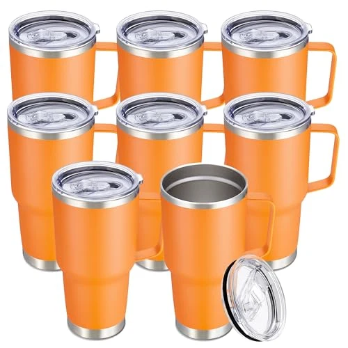 Premium 30 oz Stainless Steel Tumblers Bulk with Handle and Lid 8 Count Outstanding