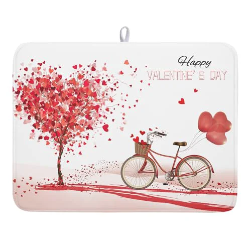 Expertly Made Romantic Valentine's Day Dish Drying Mat for Kitchen Valentines Bike and Tree Dish Drying Pad 18x24 Absorbent Reversible Happy Valentine Dishes Drainer Pad Holiday Dish Drying Rack Mat for Countertop Optimized