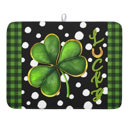 Artisan St. Patrick's Day Dish Drying Mats 18x24 Inch Green Clover Shamrock Lucky Kitchen Mat Polka Dot Microfiber Drying Mats Ultra Absorbent Reversible Dishes Drying Rack Pad for Kitchen Countertops Specialty