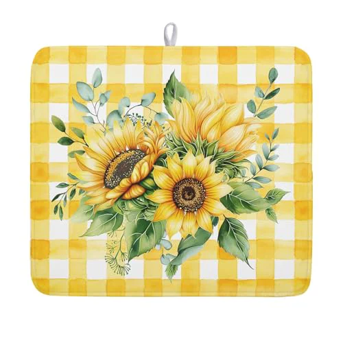 Soft Sunflower Dish Drying Mat 16x18 Inch Absorbent Reversible Summer Sunflower Drying Mat Summer Plaid Dish Drying Rack Mat Yellow Summer Themed Dish Drainer Mat for Kitchen Counter Coffee Bar Reliable