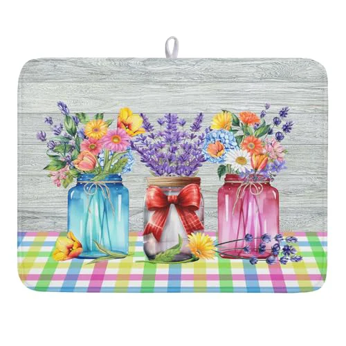 Elegant Spring Summer Flowers Dish Drying Mat for Kitchen Counter 18 x24 Spring Floral Jars Drying Mat Soft Absorbent Microfiber Farmhouse Colorful Floral Dish Drainer Rack Mats for Counter tops Next-Generation