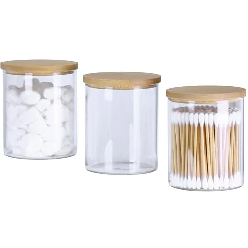 Fashionable Glass Qtip Holder Dispenser with Bamboo Lid 3 Count Safe