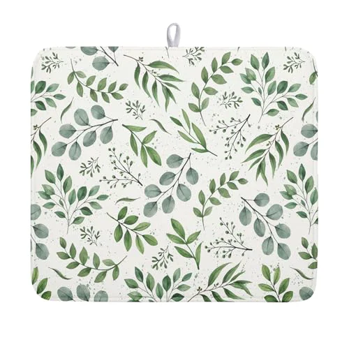 Top-Quality Sage Green Dish Drying Mat 16x18 In Absorbent Reversible Eucalyptus Leaves Plant Drying Mat Green Plant Dish Drying Rack Mat Spring Summer Themed Dish Drainer Mat for Kitchen Counter Coffee Bar Breathable
