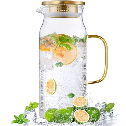 Trendy 2 Liter 68 oz Gold Glass Pitcher with Lid and Handle Effective