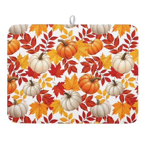 World-Class Fall Pumpkin Dish Drying Mat for Kitchen Counter 18x24 Inch Autumn Pumpkins Maple Leaves Drying Mats Thanksgiving Absorbent Reversible Dish Pad Fast Dry Drainer Mat Protector for Countertop Coffee Bar Expertly Made