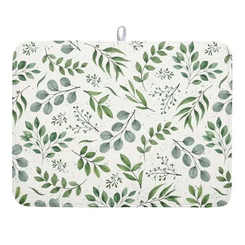 Easy-to-Use Sage Green Dish Drying Mat 18x24 In Absorbent Reversible Eucalyptus Leaves Plant Drying Mat Green Plant Dish Drying Rack Mat Spring Summer Themed Dish Drainer Mat for Kitchen Counter Coffee Bar Outstanding