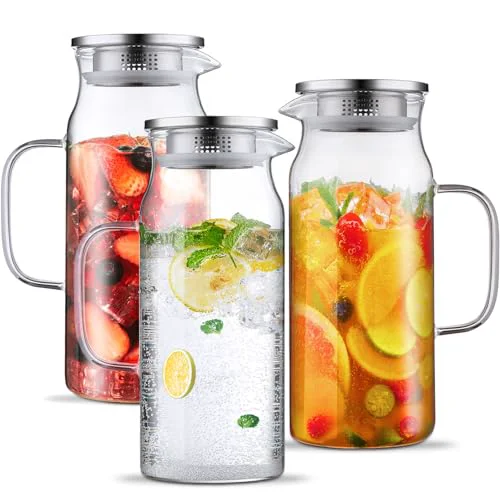 Organic 3 Pack 2 Liter 68 oz 2.1 Qt Glass Pitcher with Lid and Handle 3 Count Minimalist
