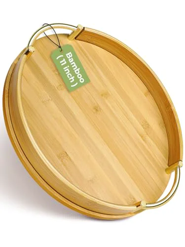 Elegant 11.8″ Round Bamboo Serving Tray with Handles Classic