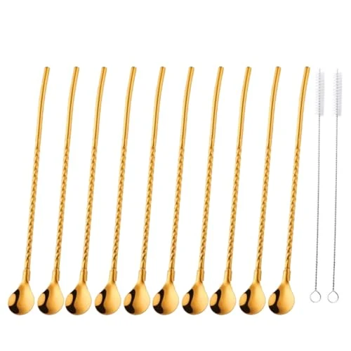Premium 10 pcs Metal Straw Spoons with 2 Cleaning Brushes Organic