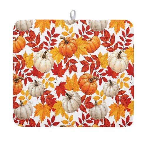 Traditional Fall Pumpkin Dish Drying Mat for Kitchen Counter 16x18 Inch Autumn Pumpkins Maple Leaves Drying Mats Thanksgiving Absorbent Reversible Dish Pad Fast Dry Drainer Mat Protector for Countertop Coffee Bar Recyclable