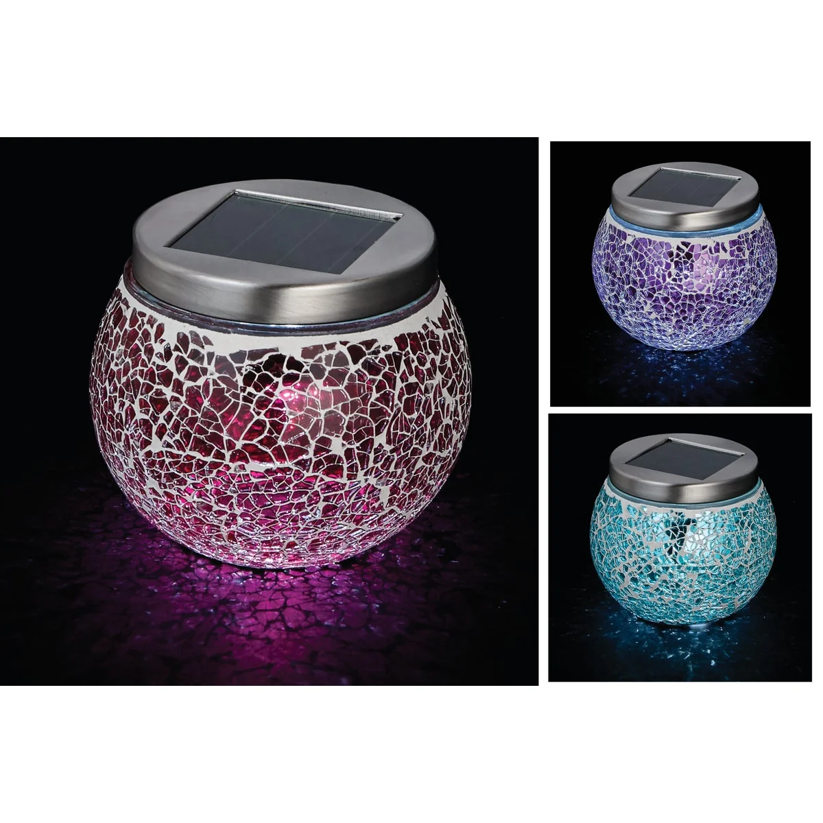 Fashionable Outdoor Expressions 3.5 In. H. x 3.5 In. Dia. Green Red or Purple Crackled Glass Tabletop Solar Patio Light Expertly Made