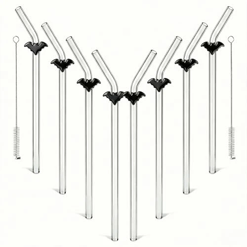 High-Quality Black Bat Glass Straws with Charms 10 Count Superior