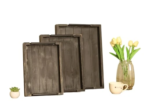 Exclusive 3Pc Rustic Black Vintage Nested Wood Serving Trays Pure