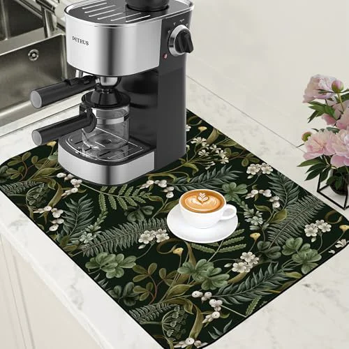 Breathable White Flowers and Berries Coffee Mat Fern and Leaves Dish Drying Mat Absorbent Hide Stain Rubber Backed Coffee Bar Accessories Fit Under Espresso Machine Cafe Table Artisan
