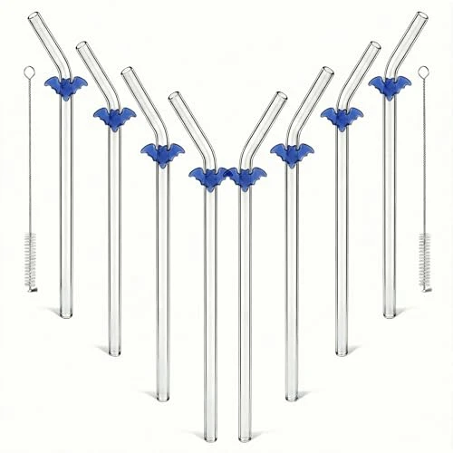 Elegant Blue Bat Drinking Straws with Glass Charms 8 Count Enhanced