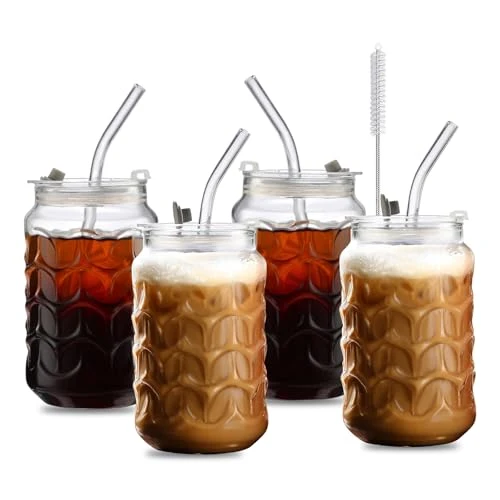 Efficient 4 Pack 18oz Borosilicate Glass Cups with Leakproof Lids Straws 18 Count Healthy