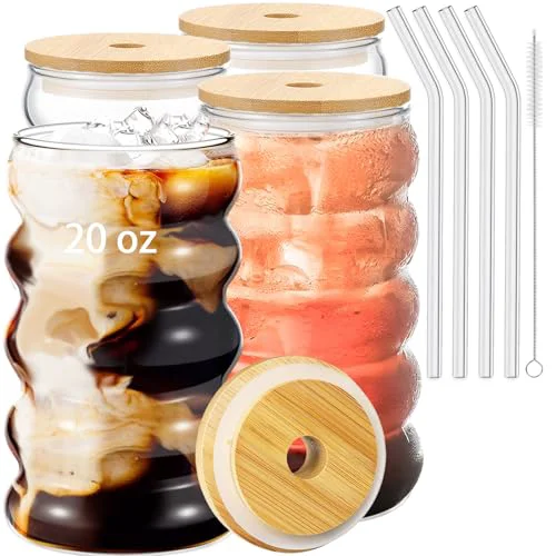 Consistent 4 Pcs 20oz Drinking Glasses Set with Bamboo Lids and Straws 4 Count Prestigious
