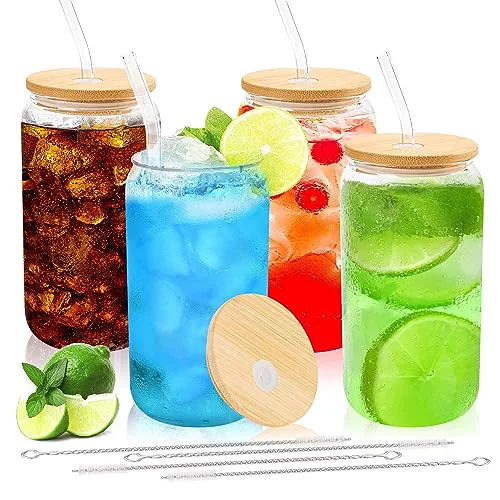 Original 4pcs 16Oz Glass Cups with Bamboo Lids and Straws Drinking Glasses 4 Count Reusable