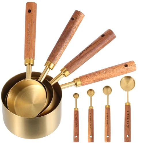 Reliable Stainless Steel Measuring Cups Set and Measuring Spoons Wooden Handle Metal Measure Cups and Spoons for Cooking and Baking Trendy