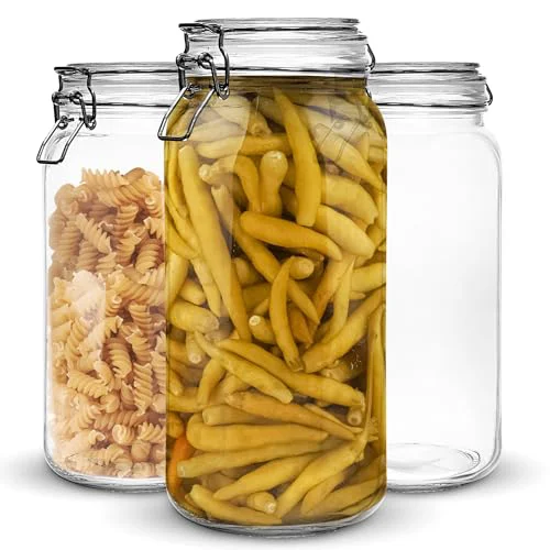 Sophisticated Set of 3 Glass Mason Jar 64 Ounces with Airtight Lid Large Jars With Stainless Steel Bail And Trigger Clamps 3 Count Original