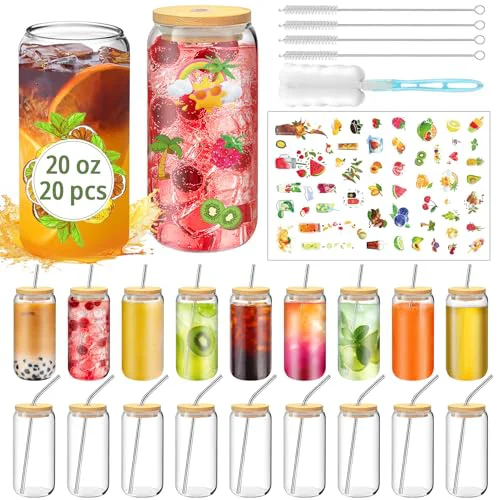 Reliable 20 OZ Can Shaped Glass Cups with Straws 20 Pack Glass Coffee Cups 20 Count Consistent