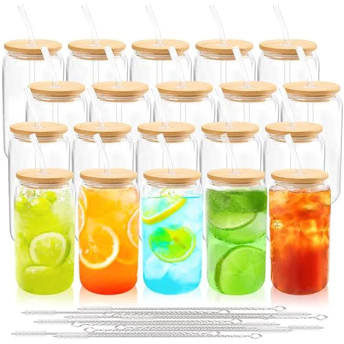 Fine 20Pcs Glass Cups with Bamboo Lids and Straws Bulk 16 oz Can Shaped 20 Count Fine Crafted