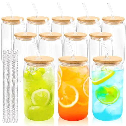 Fine Crafted 12Pcs Glass Cups with Bamboo Lids and Straws Bulk 16 oz Can Shaped 12 Count Reusable