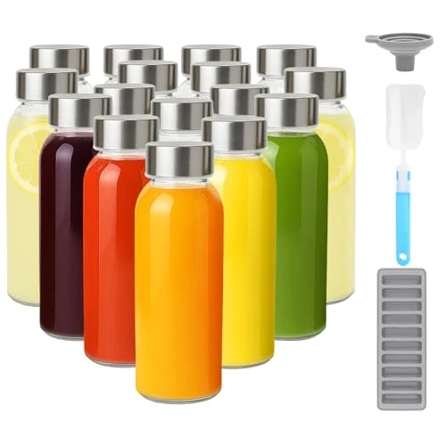 Durable 10.5 oz Glass Juice Bottles with Stainless Steel Lid Bulk 16 Count Sophisticated