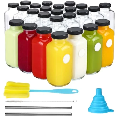 Authentic 24pcs 16oz Glass Juice Bottles with Lids 24 Count Recyclable