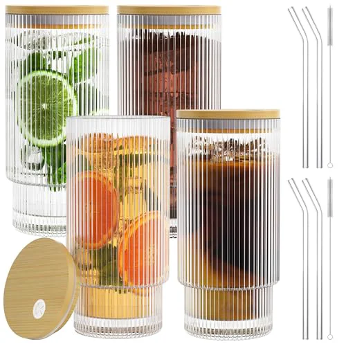 Original 16OZ Ribbed Glass Cups with Lids and Straws Crafted