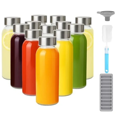 Exclusive 10.5 oz Glass Juice Bottles with Stainless Steel Lid Bulk 12 Count World-Class