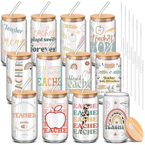 Advanced 12 Sets Back to School Teacher Gifts Teacher Appreciation Glass Cups with Bamboo Lids and Straws 16oz Can Shaped Glass Tumbler for Women Cute Iced Coffee Glasses End of Year Gift Set 12 Count Trendy